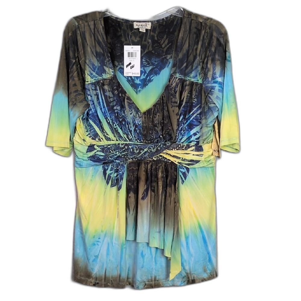 One World Green Blue Stretch Top Women's L NWT